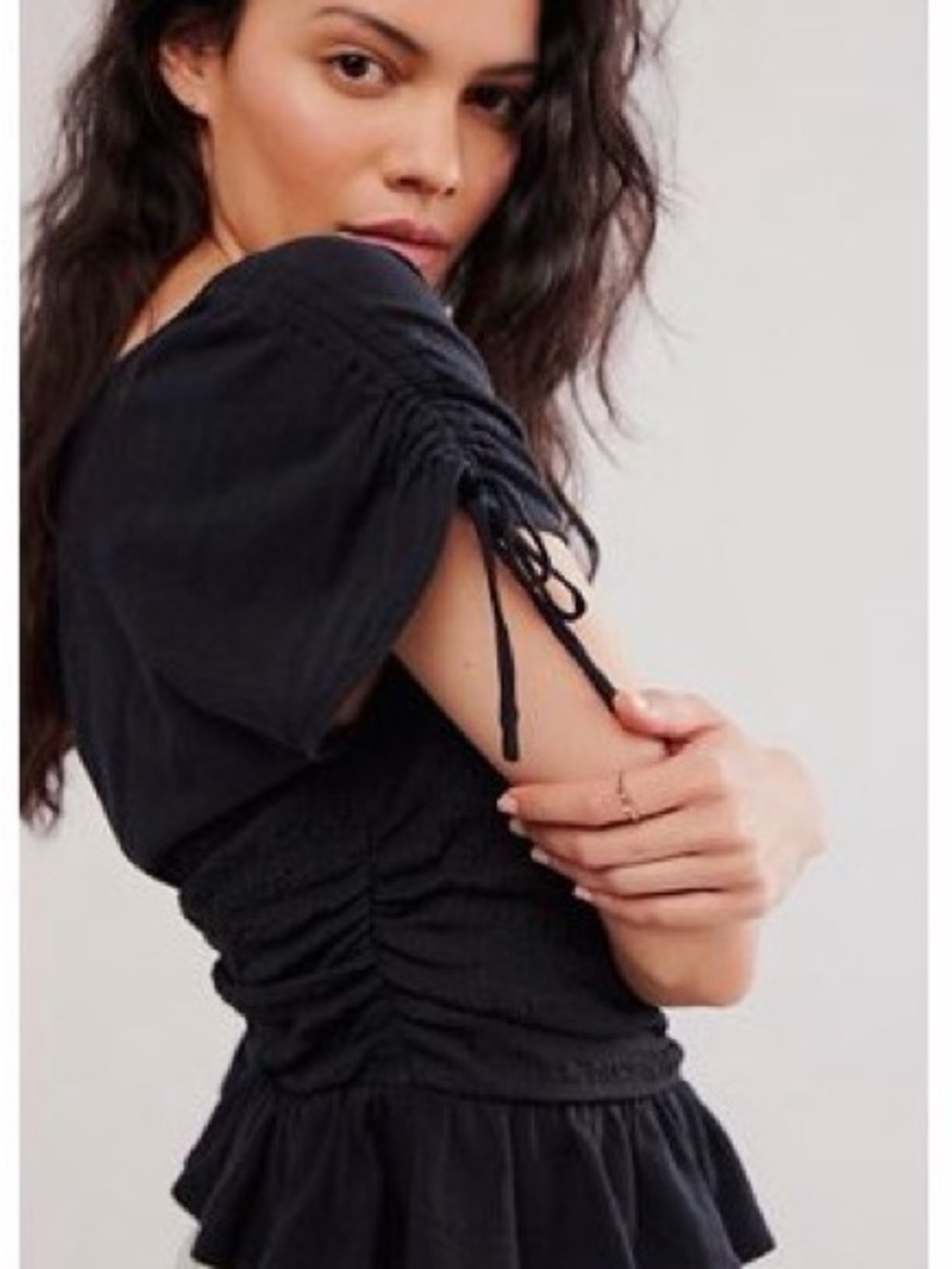 Free People Jessie Twofer Black Smocked Short Sleeve Tie-Ruched Peplum Blouse